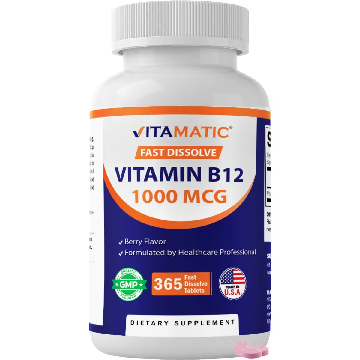 Vitamatic B12 Complex Edible Dietary Supplement - 1000 mcg Fast Dissolve Dietary Vitamins, Natural Berry Flavor, 365 Tabs per Bottle (3 Bottles), Red Blood Cell Production, Cellular Energy Support