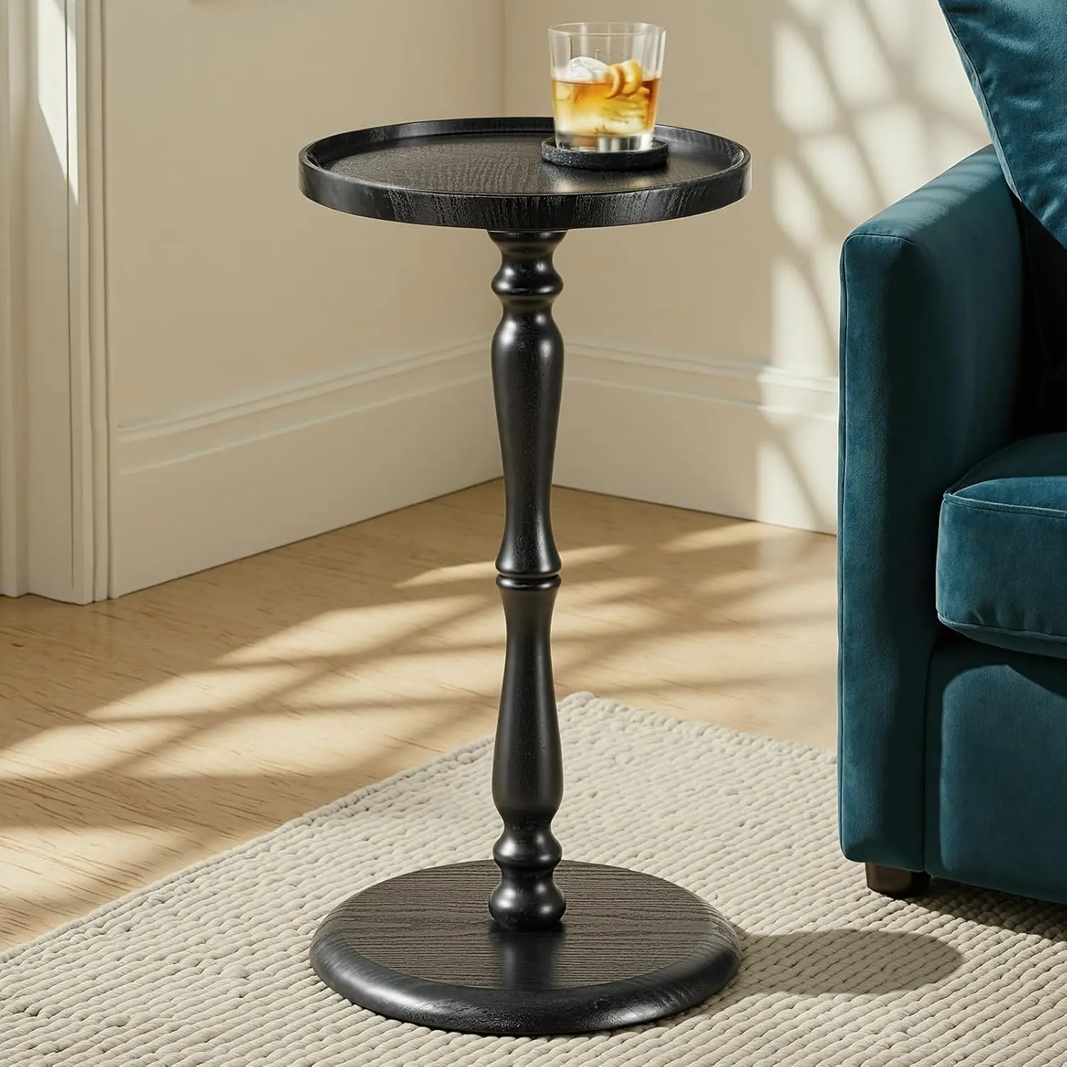 [Summer Vibes]Relefree Solid Wood Small Drink Table 12.6" Round Tray Top with Thickened Base Waterproof Edge for Living Room Corners Modern End Table summerwins