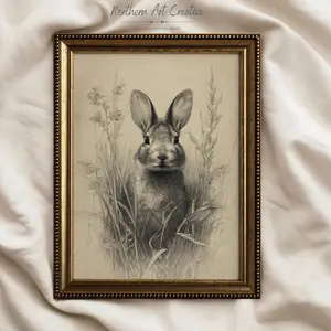 Vintage Bunny Pencil Sketch Wall Art: Antique Easter Etching Print Unframed