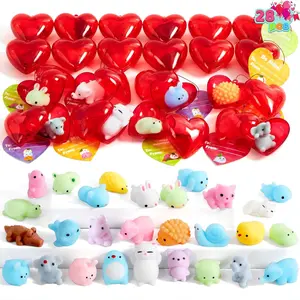 28 PCS Valentine’s Day Mochi Squishy Toys Filled Hearts and Gift Cards for Kids Valentine Classroom Exchange Party Favors, Kawaii Stress Relief Toys for School Game Prizes and Carnivals Gift