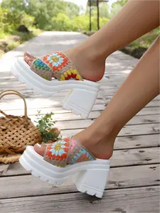 Boho Style Handmade Crochet Shoes, Colorful Block Pattern, Cross Strap Design, Thick Sole Heel, Waterproof Anti-Slip, Comfortable & Stylish
