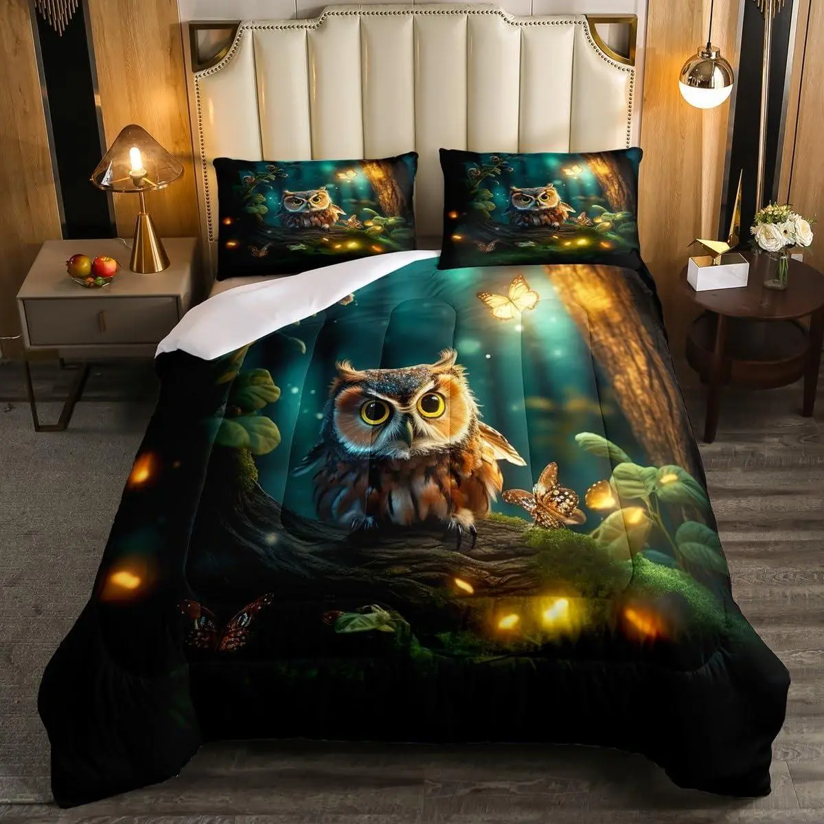 Owl Bedding - 3D Cartoon Owl Comforter Set with Butterfly & Firefly Printing Duvet Insert -