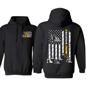 Excavator Operator Hoodie – Distressed American Flag Design – Heavy Equipment Crew Apparel for Hardworking Men – Patriotic Blue Collar Hoodie