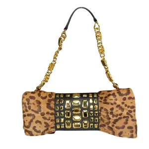 Pre-owned Valentino Leather Shoulder Bags Leopard Pony Hair Studded GHW East West Chain Shoulder Bag / Clutch