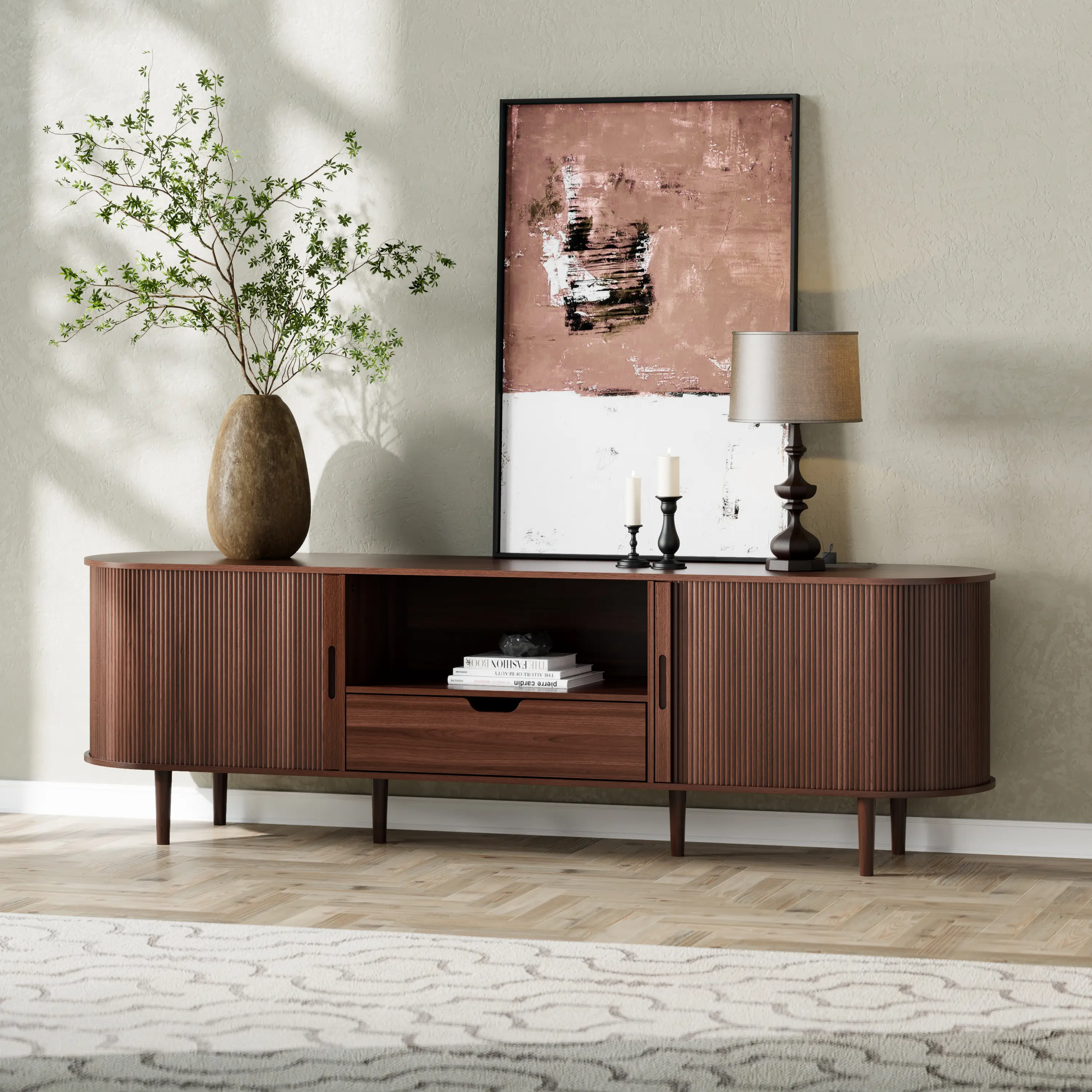 【Deals for You Days】DHH 70"/86" Fluted TV Stand with Power Outlet, Mid-Century Modern Entertainment Center for TVs Up to 90", Tambour Sliding Door Media Console（Walnut）
