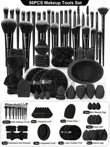 56PCS Makeup Tools Set,Waterproof Zipper Cosmetic Bag, 30 Makeup Brushes, 21 Puffs & Sponges, 1 Hairband, 2 Hand Bowl Straps (Anti-Water), 1 Brush Cleaning Tool,