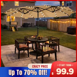 【Mother's Day Gift】Yaheetech 13/15ft Large Patio Umbrella, Outdoor Double-Sided Rectangle Umbrella with 36 LED Lights & Crank for Patio Garden Pool Lawn Backyard, Base Included