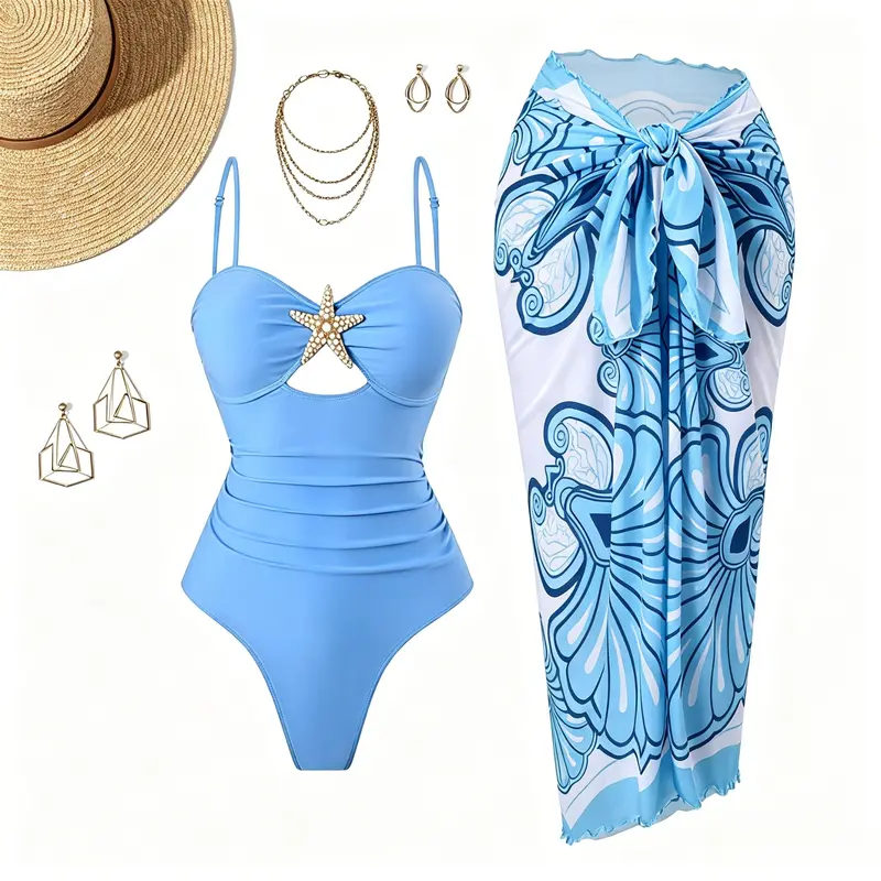 Women's 2026 Light Blue Stars Motif Sleeveless 2-Piece Swimsuit & Casual Floral Sarong Cover-Ups Set - Stretchable, Ruched Front Cutout, Adjustable Straps, Slight Modest Tummy Control, Quick-Dry Beachwear, Machine Washable for Beach Vacation