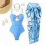 Women's 2026 Light Blue Stars Motif Sleeveless 2-Piece Swimsuit & Casual Floral Sarong Cover-Ups Set - Stretchable, Ruched Front Cutout, Adjustable Straps, Slight Modest Tummy Control, Quick-Dry Beachwear, Machine Washable for Beach Vacation