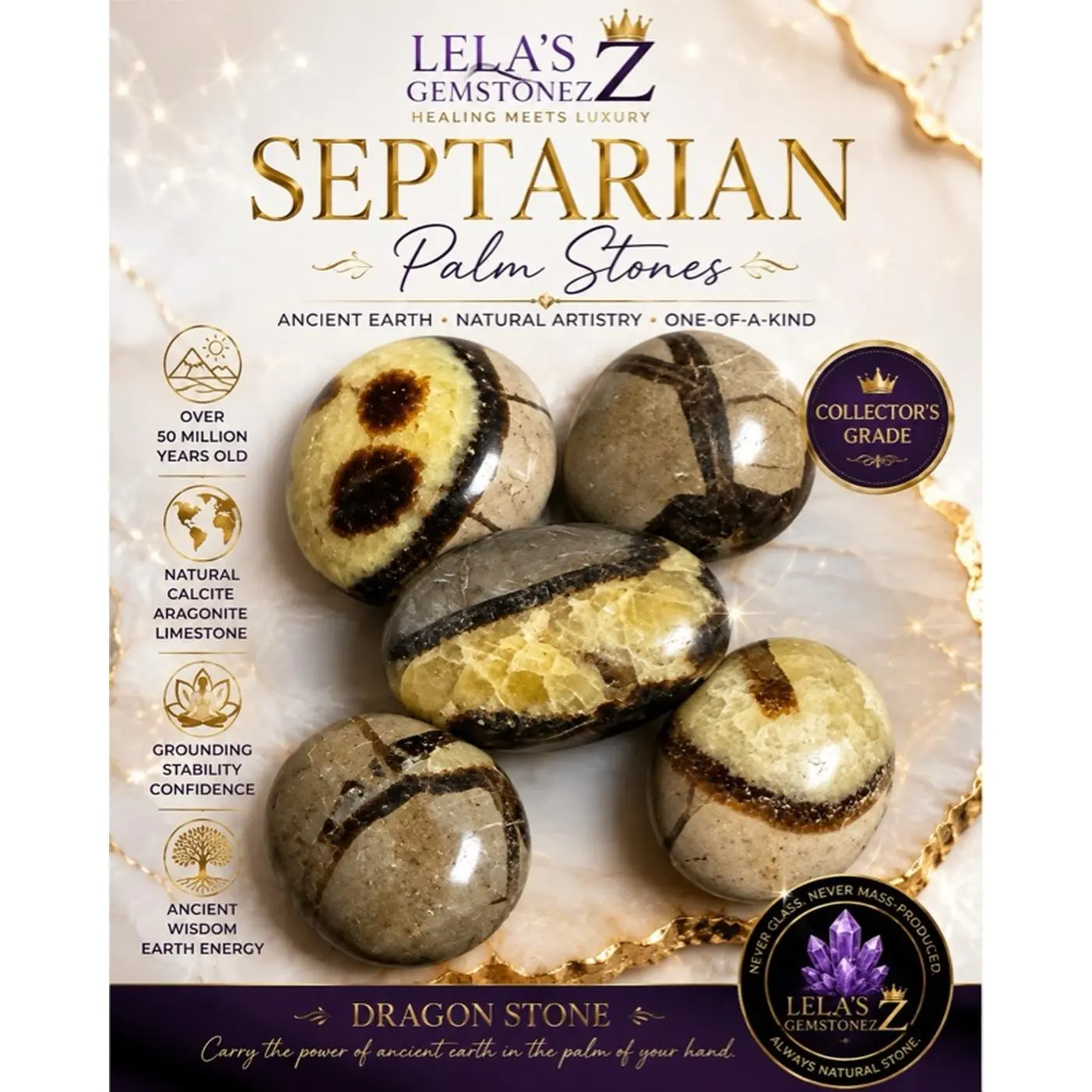 Lela's GemStoneZ Collector's Grade Septarian Palm Stone - Ancient Earth Natural Artistry Healing Meets Luxury - Premium Natural Septarian with Golden Calcite & Brown Aragonite - Ideal for Meditation & Crystal Collections Home