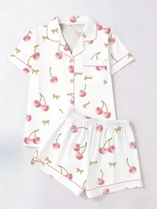 Spring Summer Women's Loungewear Sleepwear Set, Cherry Full Print, Sakura & Gold Bowknot, Fitted Cardigan, Breathable Shorts, Casual Home Wear