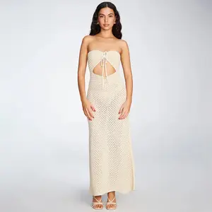 Women’s Crochet Knit Maxi Dress with Fringe – Sexy Sheer Halter Neck, Backless Boho Style for Beach Parties, Vacations, Summer Outfits, and Resort Wear