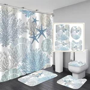 4 Pcs Beach Shower Curtain Blue Starfish Bathroom Sets with Shower Curtain and Rugs Ocean Shower Curtain Sets with Rugs Seashell Conch Bathroom Rugs Set Nautical Bathroom Decor Accessories