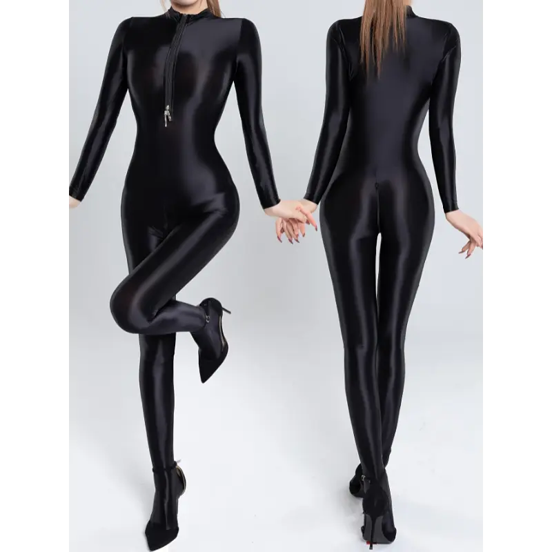 Women Oil Shiny Glossy Catsuit Wet Look Bodysuit Zipper Open Crotch Open Bust Footed Jumpsuit 2-Way Zipper Full Bodystocking