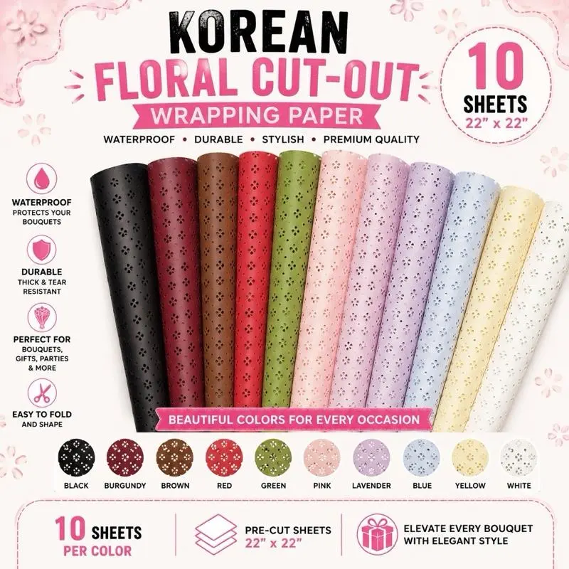 Korean Waterproof Papel Picado Flower Wrapping Paper 10 Sheets 22x22 for Gift Wrapping and Decorative Use