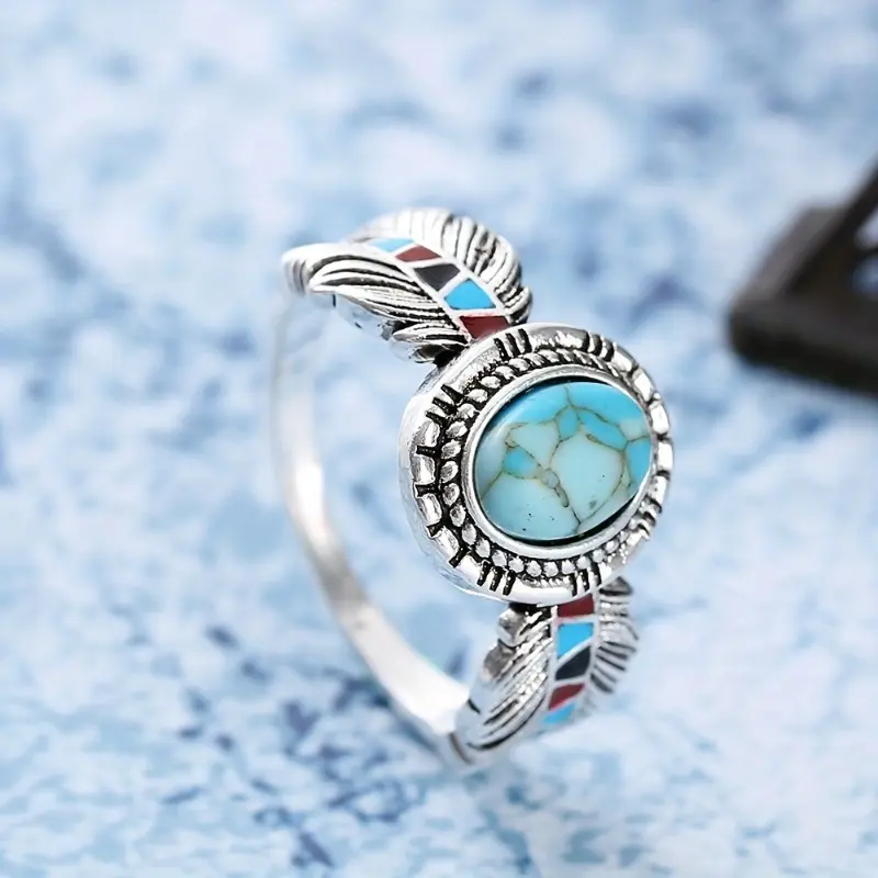 1pc Men's Luxury Turquoise-Inlaid Eagle Feather Ring - Ancient Style, Bohemian Vintage, Colorful Stone, Dome, Gemstone Studded Costume Jewelry for Parties, Gifting, Ancient Style Rings, Bohemian Vintage Rings