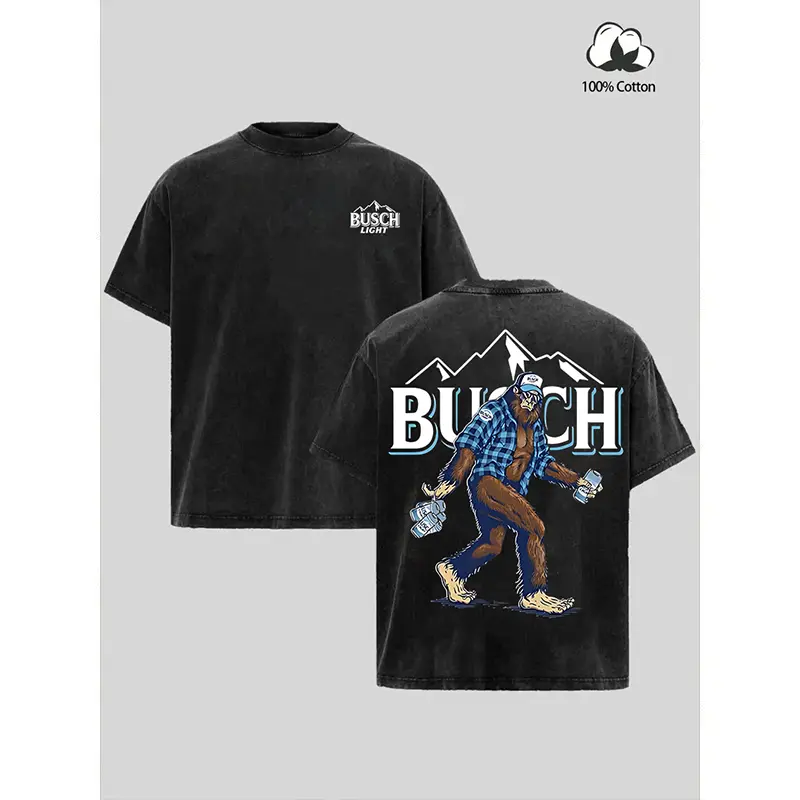 180gVintage Washed Sasquatch Beer Graphic T-Shirt, Mountain Outdoor Party Tee, Retro Unisex Streetwear Shirt