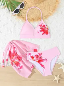 Floral Print Halter Neck Design Bikini Set for Girls, Summer Beachwear, Cute Swimwear, Swimwear Sets, Floral Pattern, Perfect for Pool Parties and Vacations