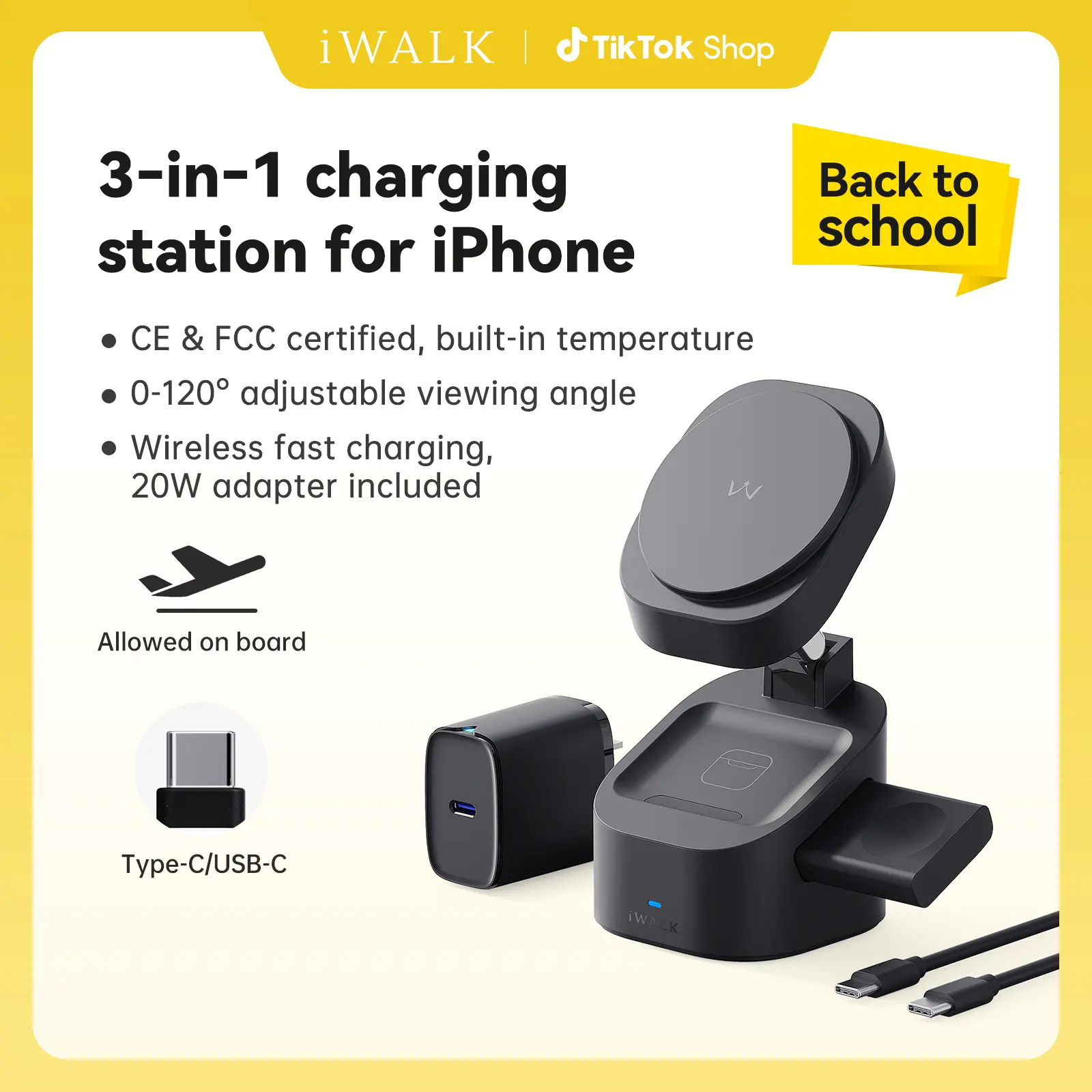 Summervibes iWALK 3-in-1 Magnetic Wireless Charging Station Mount - 15W Speed Fast Charger for Smartphone, USB-C Adapter, 120° Adjustable Flexible Viewing Angle, 25° Tilt, Folding Desk Setup, 18 Months Support for Mobile Electronic Devices summerwins,summ
