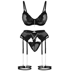 Parthenope Sexy Lingerie for Women Lace Bra and Panty Set with Underwire Lingerie 3 Piece Chain Garter Belt Women's Lingerie