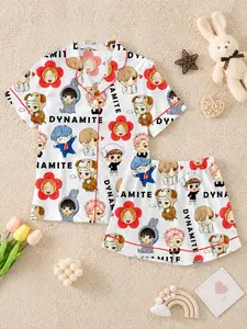 Cartoon Satin Pajama Set – Cute Kpop Sleepwear for Women, Soft Loungewear,Kpop Pajama Set, Gift for Fans