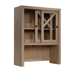 Sauder Dixon City Library Hutch - Wooden Cabinet with Glass Fronted Shelves & Pull Out Desk Area for Home Office & Living Room