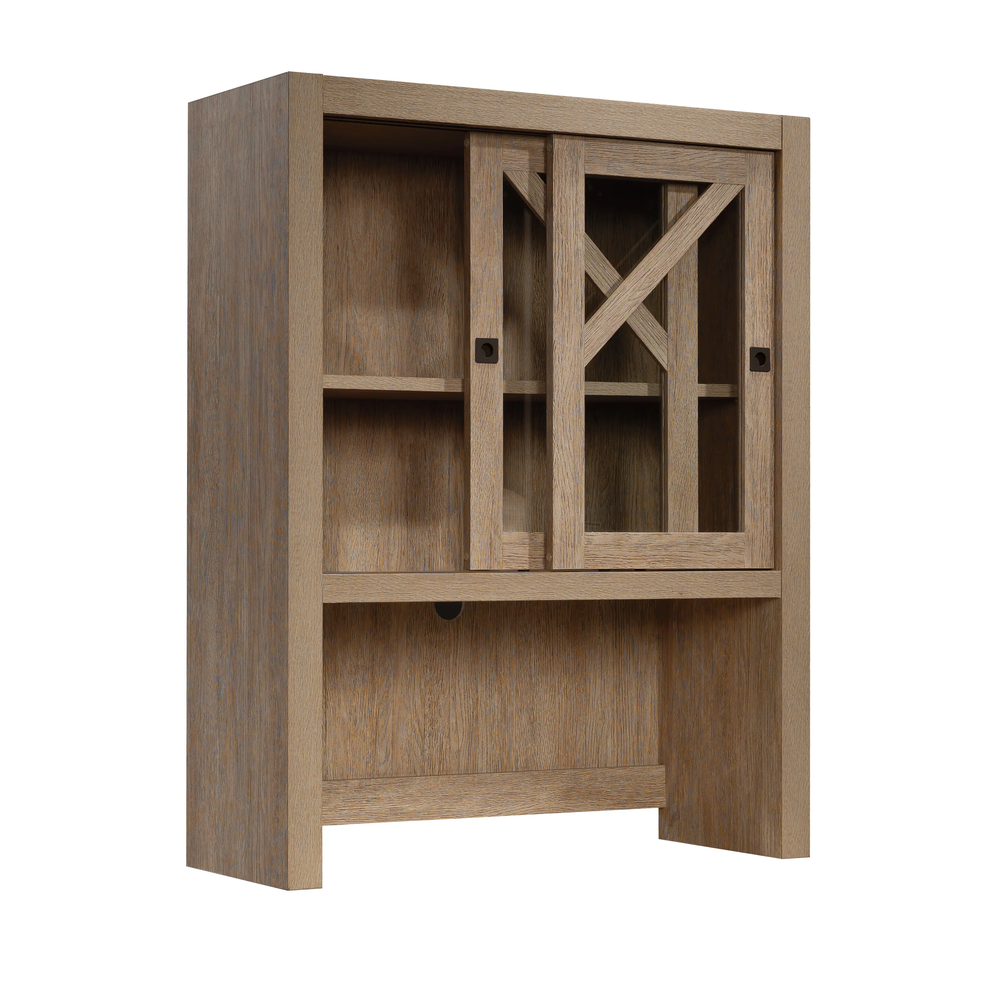 Sauder Dixon City Library Hutch - Wooden Cabinet with Glass Fronted Shelves & Pull Out Desk Area for Home Office & Living Room