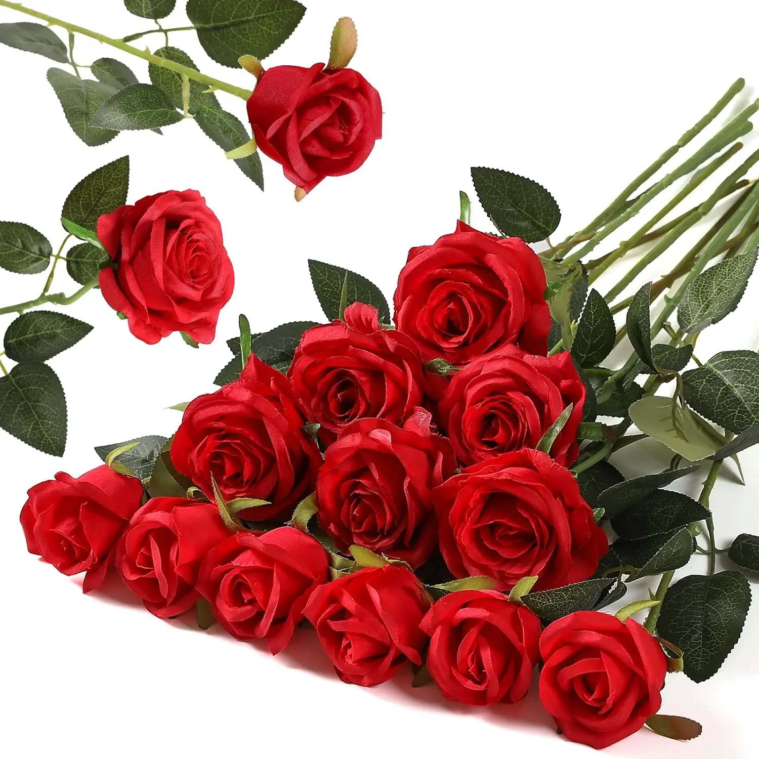 12PCS Artificial Flowers Fake Roses, Realistic Silk Long Stem Red Roses Bouquet for Wedding Centerpiece Home Decor Party & Valentines