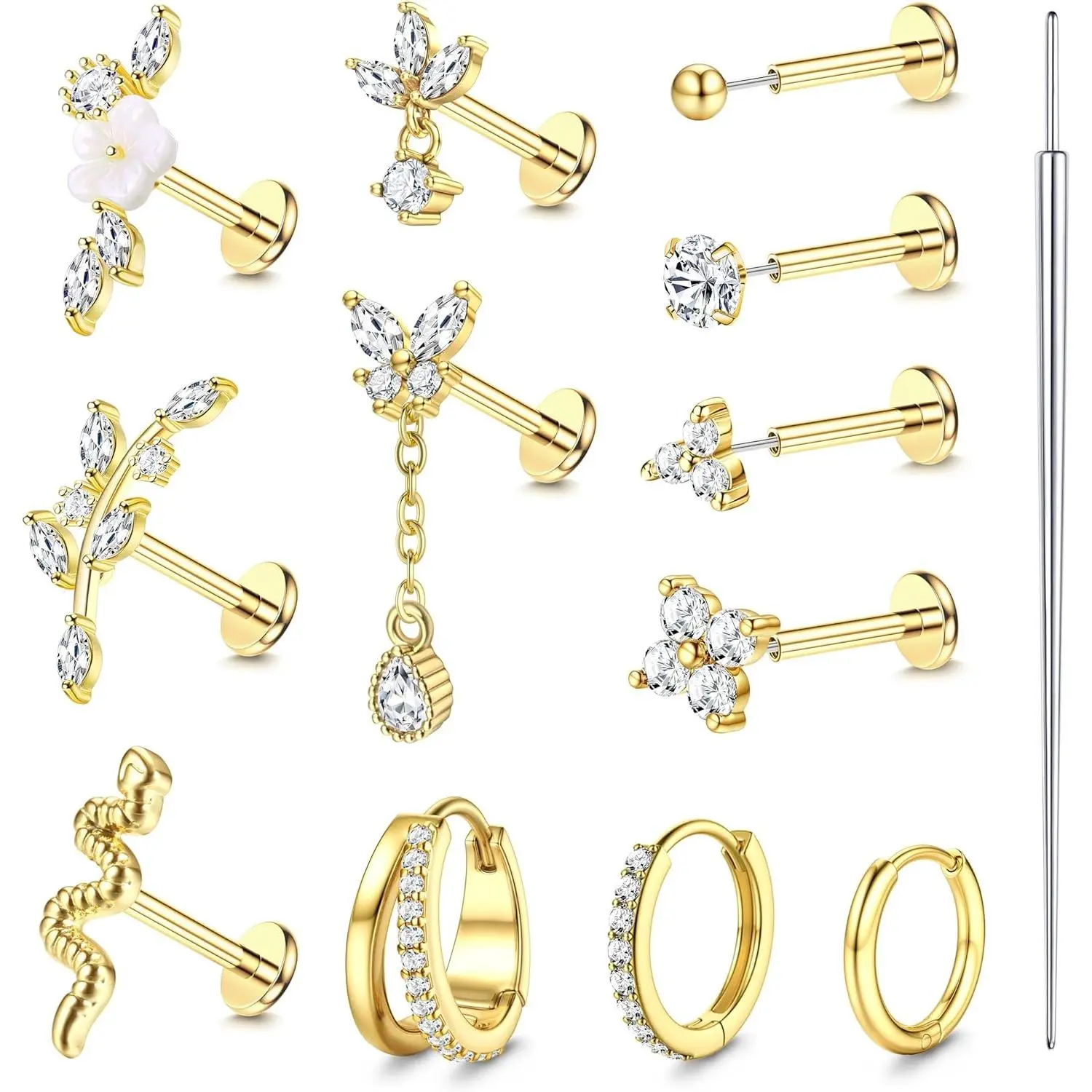 YADOCA 12pcs Threadless Flat Back Earrings Set - 20G/18G Hypoallergenic 14K Gold-Plated 316L Surgical Steel Push-In Studs for Cartilage, Temporary Ear Piercings