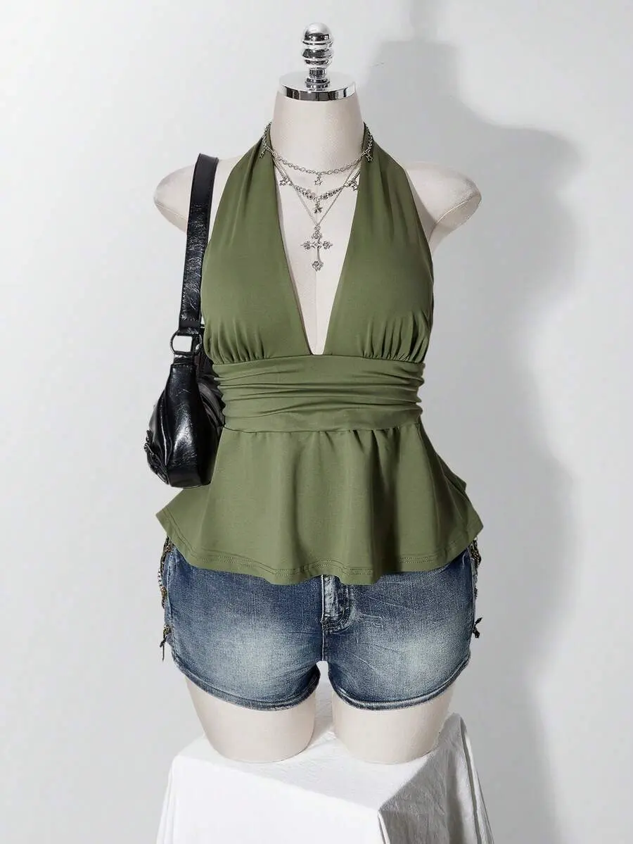 Women's Plus Size Halter Backless Babydoll Tank Top Deep V-Neck Going Out for Night Out