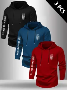 Men's Letter Flag Pattern Print Hooded Long Sleeve T-Shirt, Spring Summer Outdoor Casual Top, 3 Pieces Set