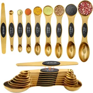 Gold Magnetic Measuring Spoons Set Stainless Steel with Leveler, Dual-Sided Stackable Metal Measuring Spoons for Baking & Cooking, Fits in Spice Jars, Heavy Duty Kitchen Gadgets, 8 Spoons & 1 Leveler, Home Essentials, Home Kitchen Cooking Gadgets