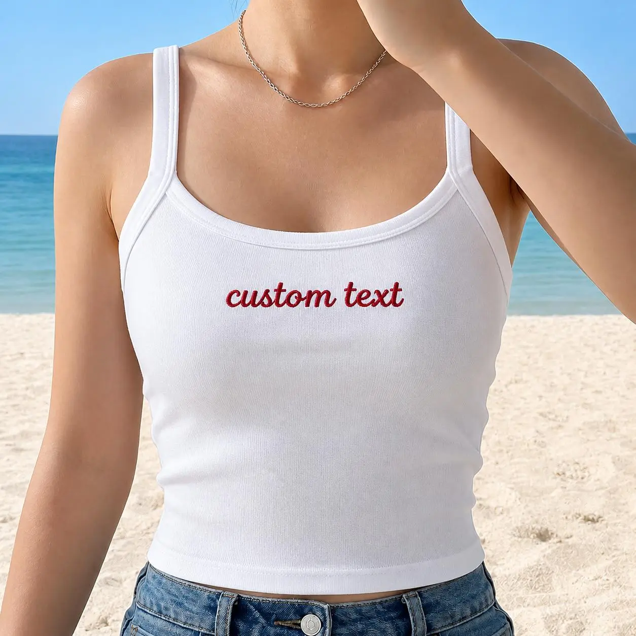 [Made-to-Order] Custom Text Embroidered Tank Top, Personalized Text Girly Tee, Gift for Her, Bachelorette Party Idea, Y2k Tank Top
