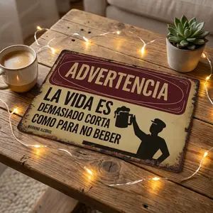 Vintage Retro Metal Plaque Sign, 6x20 in "La Vida Es Demasiado Corta Para No Beber" Wall Decor for Bar, Home Supplies