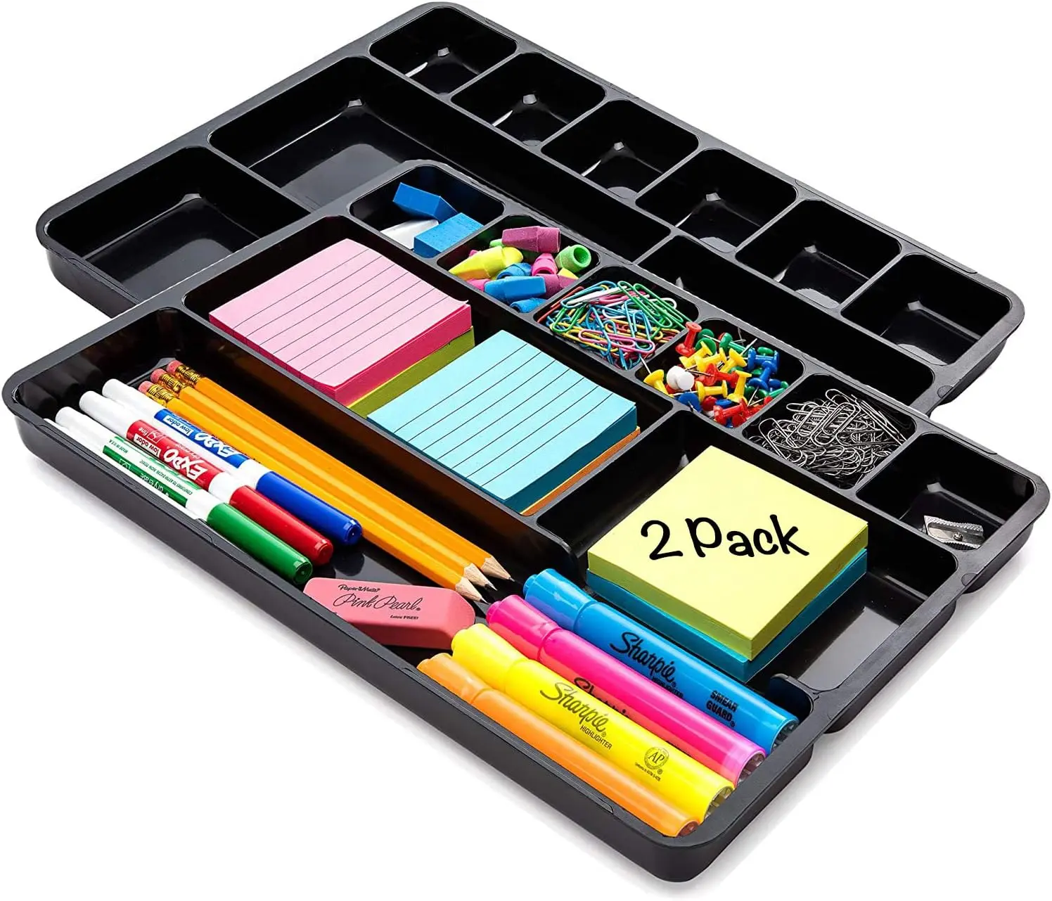 Desk Drawer Organizer Tray with 9 Storage Compartments for Home and Office - Perfect for Organizing Pens, Pencils, Paper Clips, Sticky Notes and all your Supplies - 2 Pack