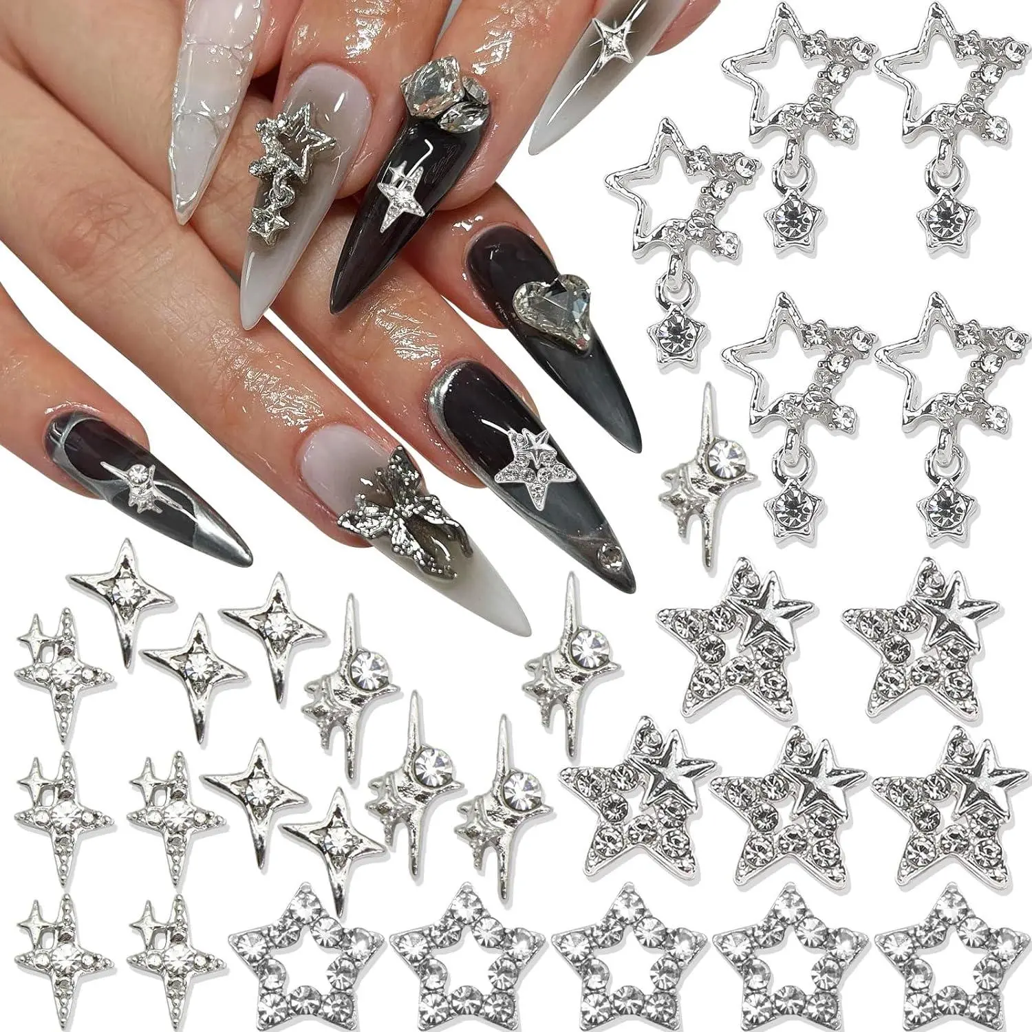 Star Shaped Nail Art Charms, 30pcs Shiny Glitter Rhinestones Nail Art Decoration, DIY Materials for Nail Art Decoration & Jewelry Making, Glitter Nails Rhinestone Sparkle
