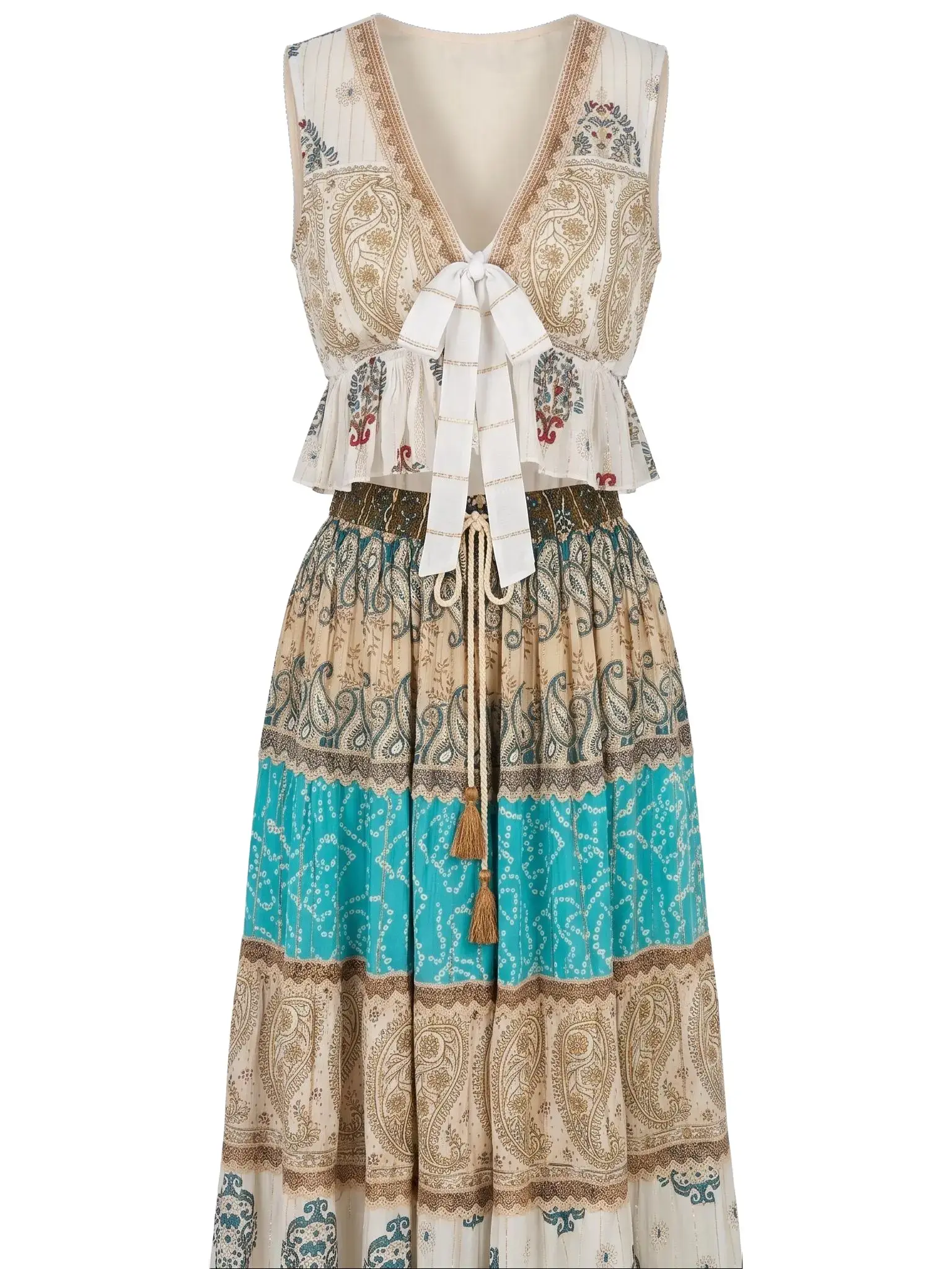 Women's Bohemian 2-Piece Lady Set - Adjustable Elastic Drawstring Top, Lace Skirt, Ideal for Festival, Beach Wear