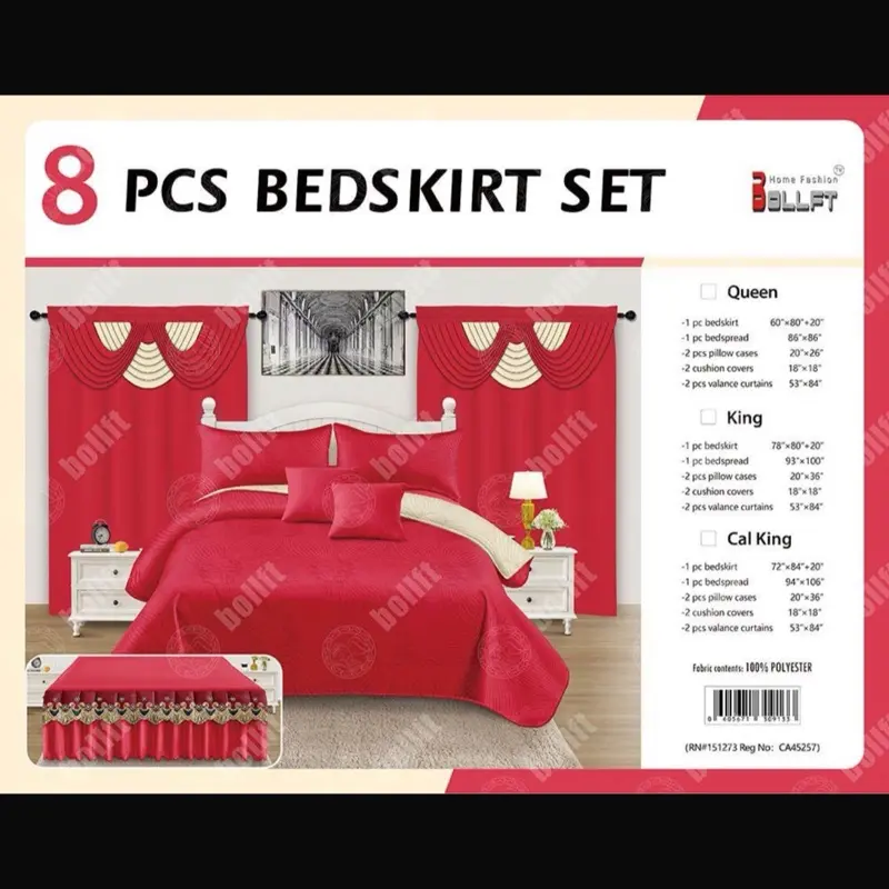 Bellify 8 PCS Bedskirt Set - 100% Polyester, Queen/King/Cal King Sizes, Red Color, 8 pcs Included