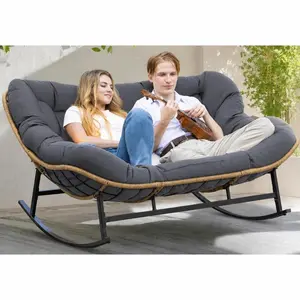 Egg Chair Oversized Rattan Rocking Chair Outdoor Rocking Chair, Oversized Patio Wicker Egg Chair with Thick and Removable Cushion, Metal Frame, Rattan Comfy Rocking Lounge Chairs for Living Room, Balcony & Yard