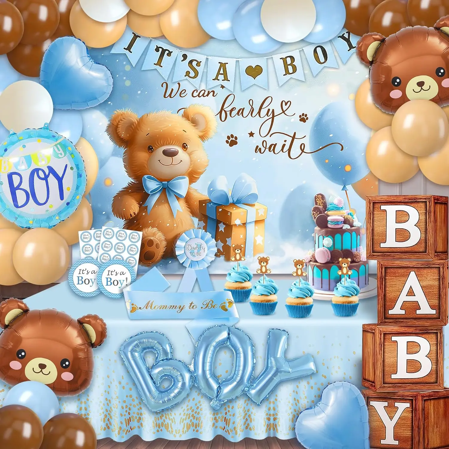 Blue Brown Bear Boy Baby Shower Party Decorations Set - 80 Pcs Balloons, 4 Wood Grain Letter Blocks, "We Can Bearly Wait" Backdrop, Banner, Tablecloth, Balloon Pump, Aluminum Cartoon Gift Boxes