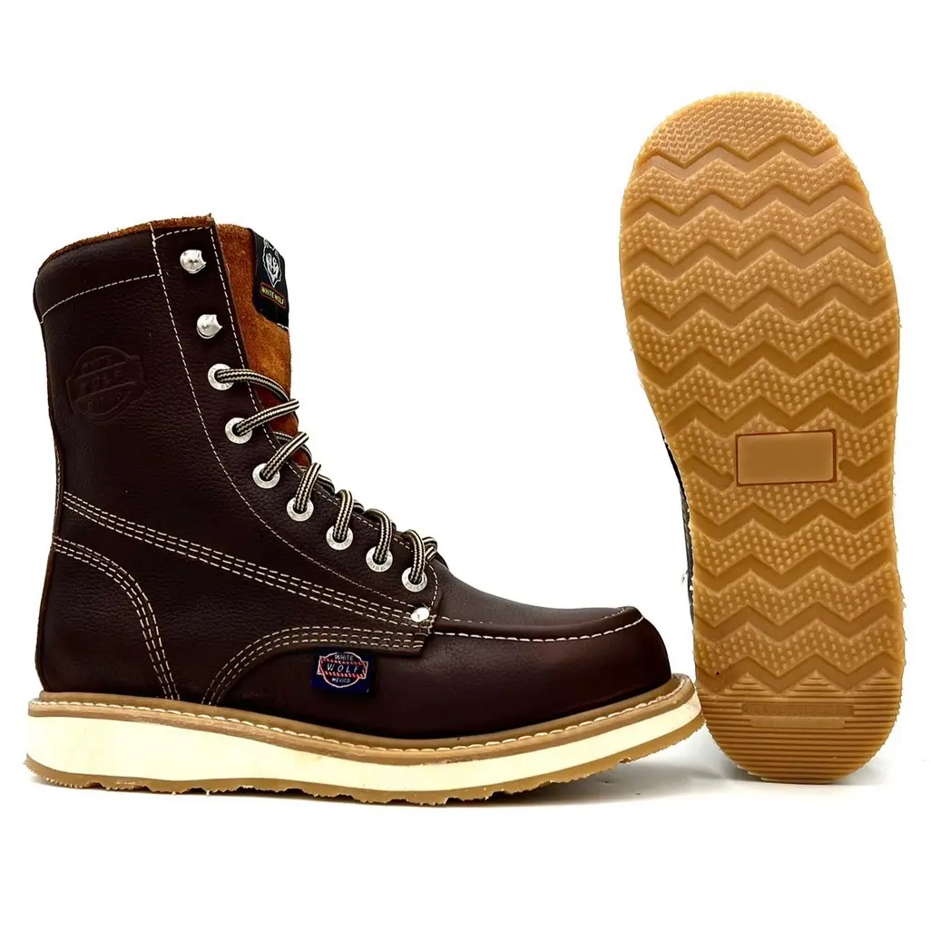 White Wolf 8 Inch Lacer Moc Toe Work Boot Dual Density Goodyear Welt Sole Oil and Slip Resistant Anti-Fatigue WW-955 Grizzly Brown Leather Footwear