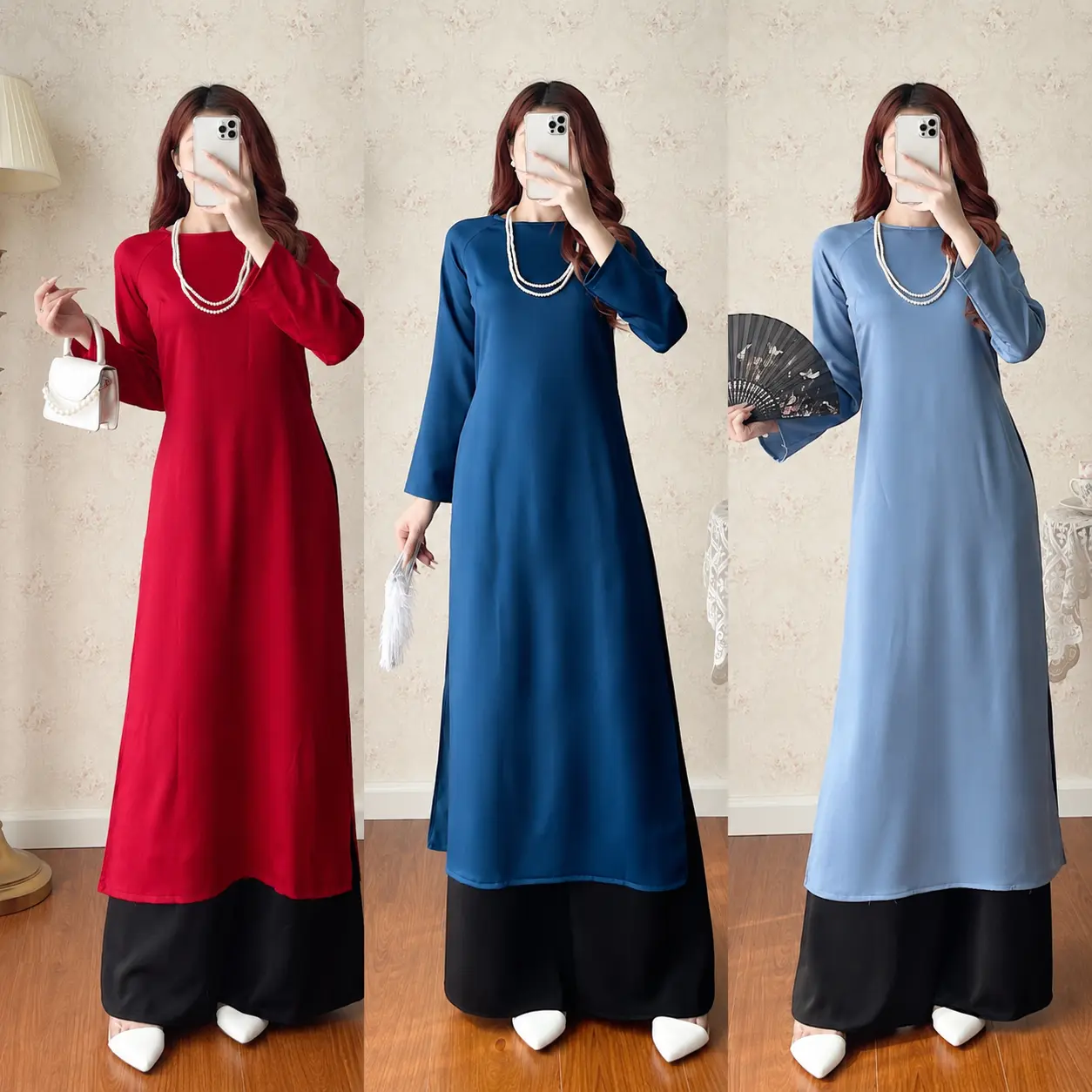 Traditional Vietnamese Silk Ao Dai – Elegant Solid Color Long Tunic Set