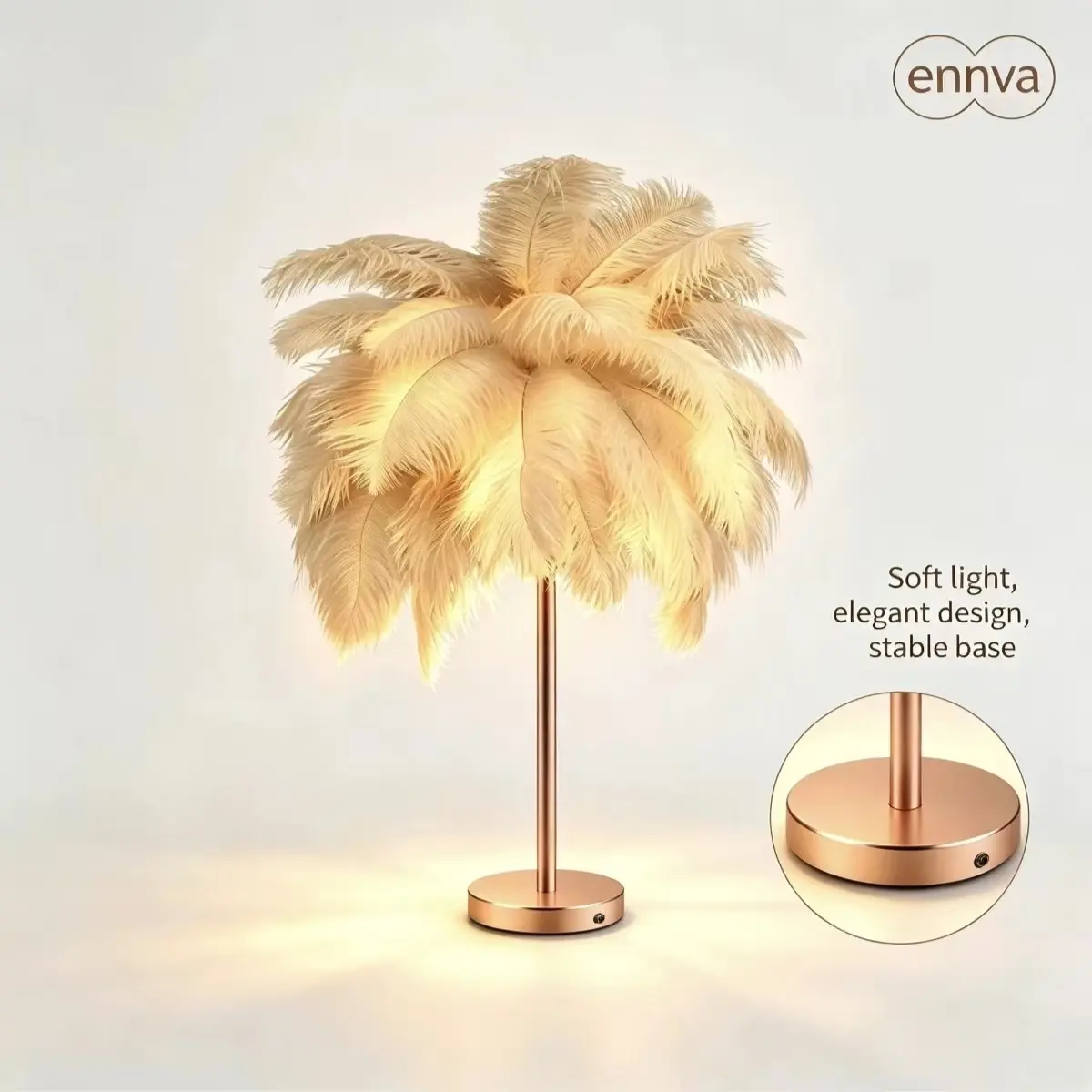 # bedside table lamp 24in Ostrich Feather Metal Aesthetic Table Lamp - Modern LED Vanity Light, Rechargeable High-Quality, Ambient Lighting Bedroom for Living Room homeessentials