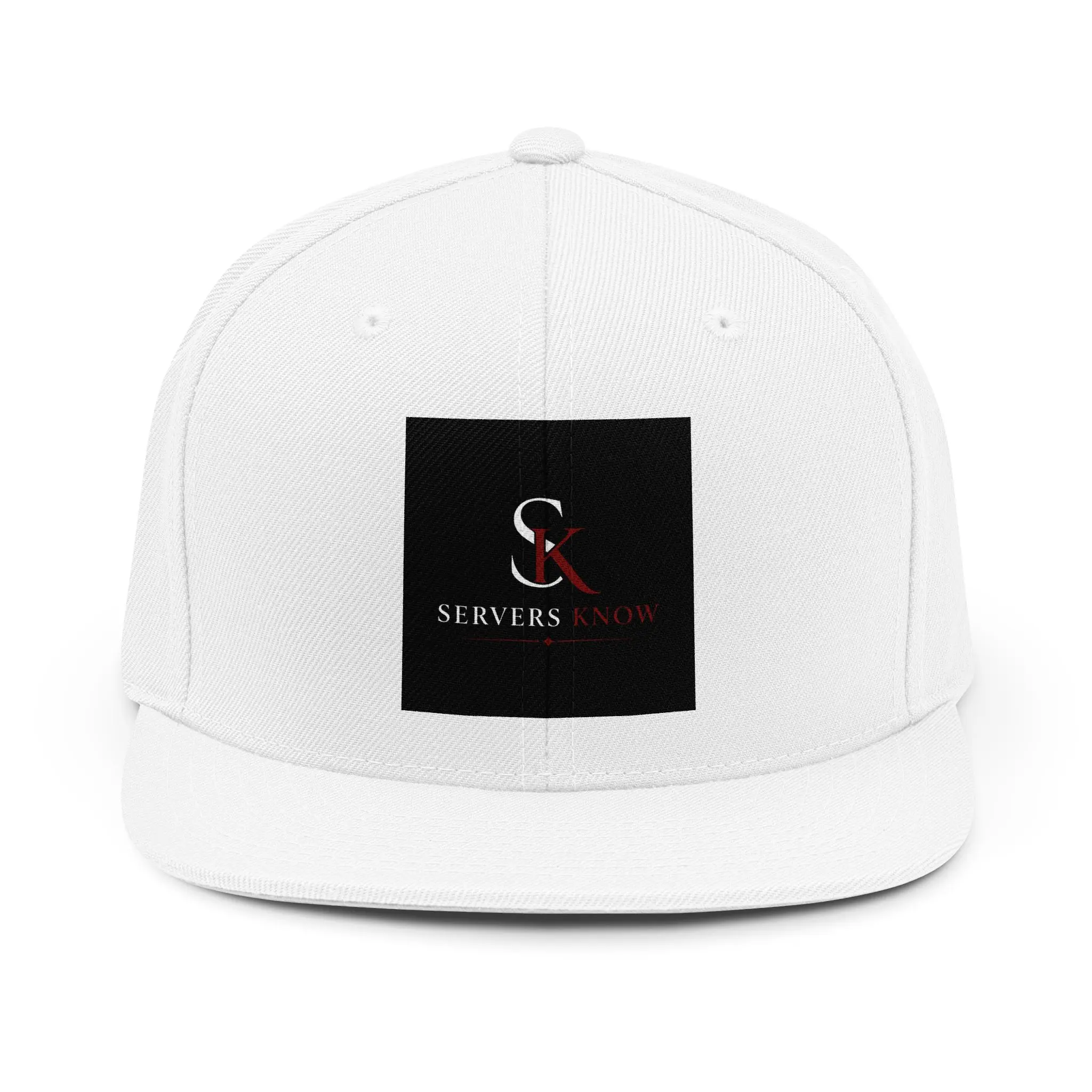 Servers Know Snapback Hat | SK Logo Square Patch, Black Red Monogram