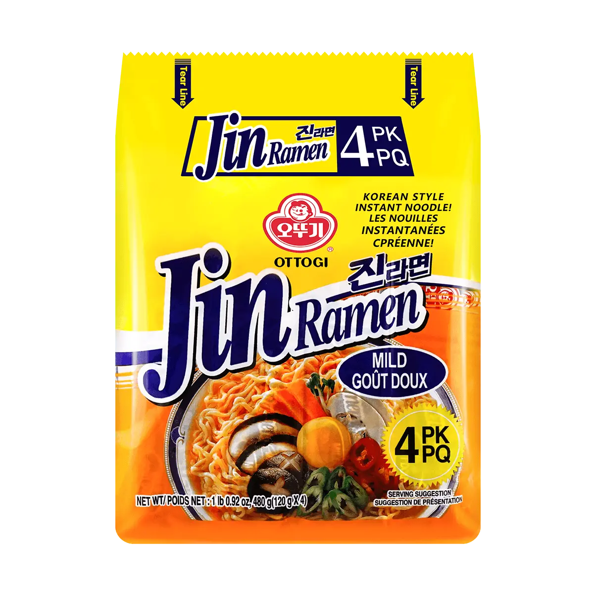 OTTOGI 【Value Pack】Mild Jin Ramen - Korean-Style Instant Noodles, 4 Packs* 4.23oz