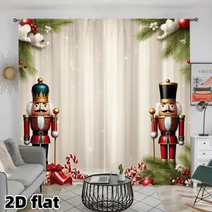 2D Flat 2Pcs Christmas Nutcracker Printed Curtains, Traditional Holiday Decor, Rod Pocket Style, Semi Sheer Polyester Fabric, Festive Pine Branches Design, for Living Room Bedroom Kitchen Window Decoration, Winter, Home Decoration Curtain