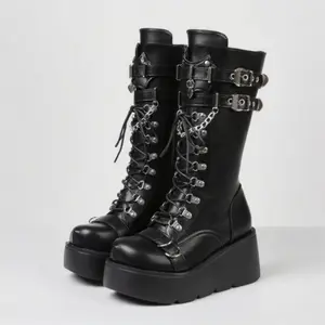 cyl Shoe Store Women’s Gothic Knee-High Ankle Boot with Wedge Platform, Round Toe, Side Zipper, Lace-Up, Punk Style, Comfortable, Tall Combat Cowgirl Boots — Onyx