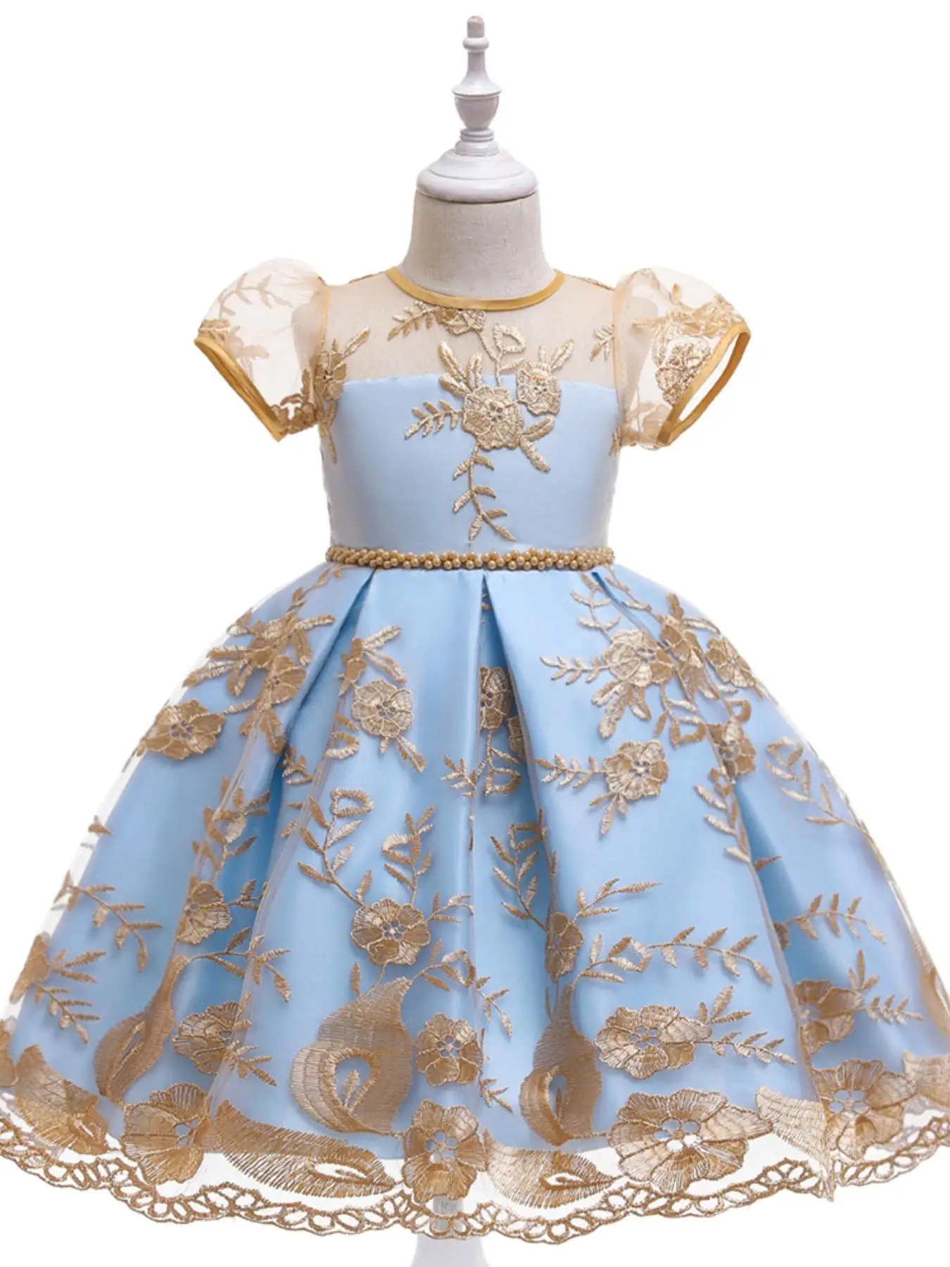Girl's Floral Embroidery Bow Decor Satin Dress, Elegant Zipper Back A Line Dress for Party Performance Wedding Guest, Kids Clothes for All Seasons, Cl