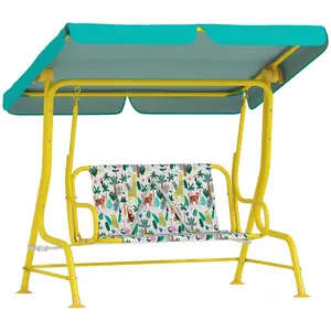 2-Seater Porch Swing – Green. For Ages 3-6. Adjustable & Removable Canopy + Safety Belts. Jungle Animal Pattern. Steel Frame + Non-Slip Feet. 132 lbs Cap