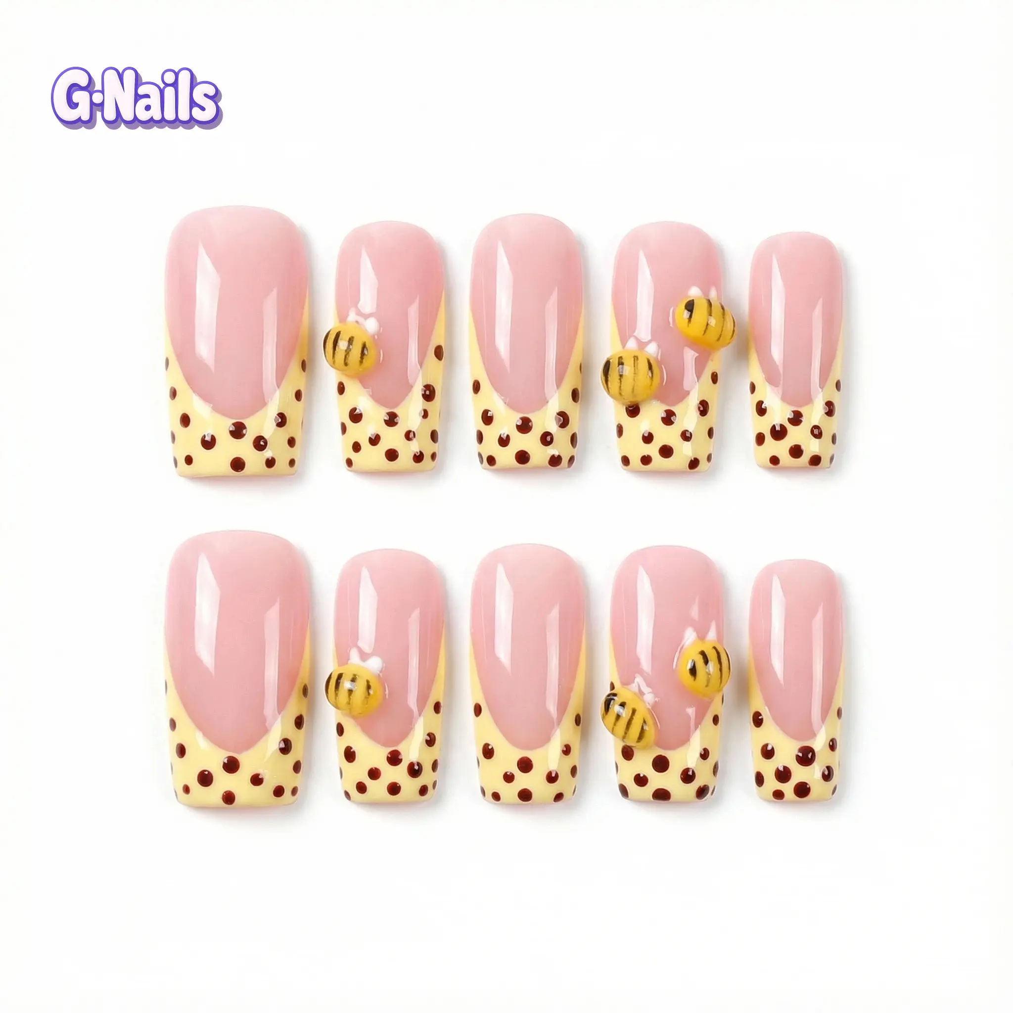 G-Nails A85 10pcs Handmade Press On Nails Reusable Medium Square Nails with 3D Bee Design Premium Craftsmanship Yellow Nails for Spring Nails